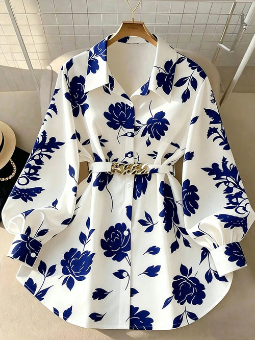 GlowEve CURVE Plus Size Women Ditsy Floral Tie Front Long Sleeve Shirt Fall