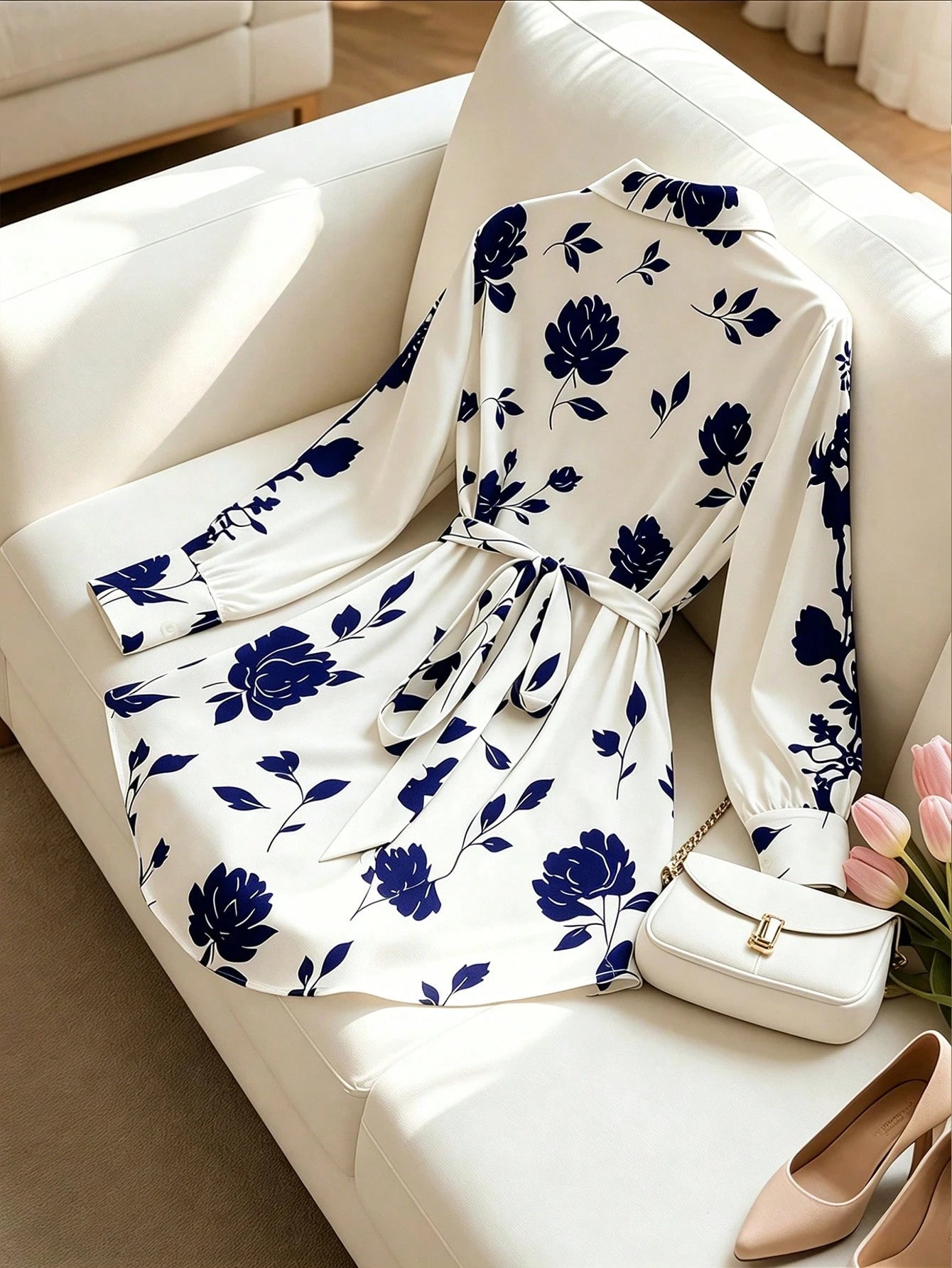 GlowEve CURVE Plus Size Women Ditsy Floral Tie Front Long Sleeve Shirt Fall