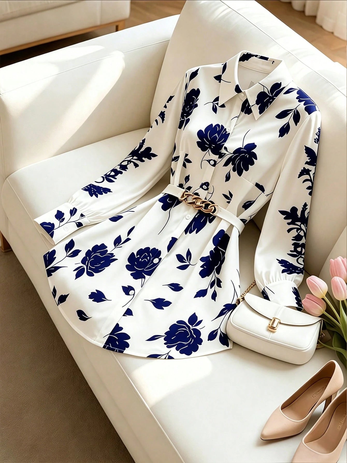 GlowEve CURVE Plus Size Women Ditsy Floral Tie Front Long Sleeve Shirt Fall