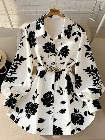 GlowEve CURVE Plus Size Women Ditsy Floral Tie Front Long Sleeve Shirt Fall