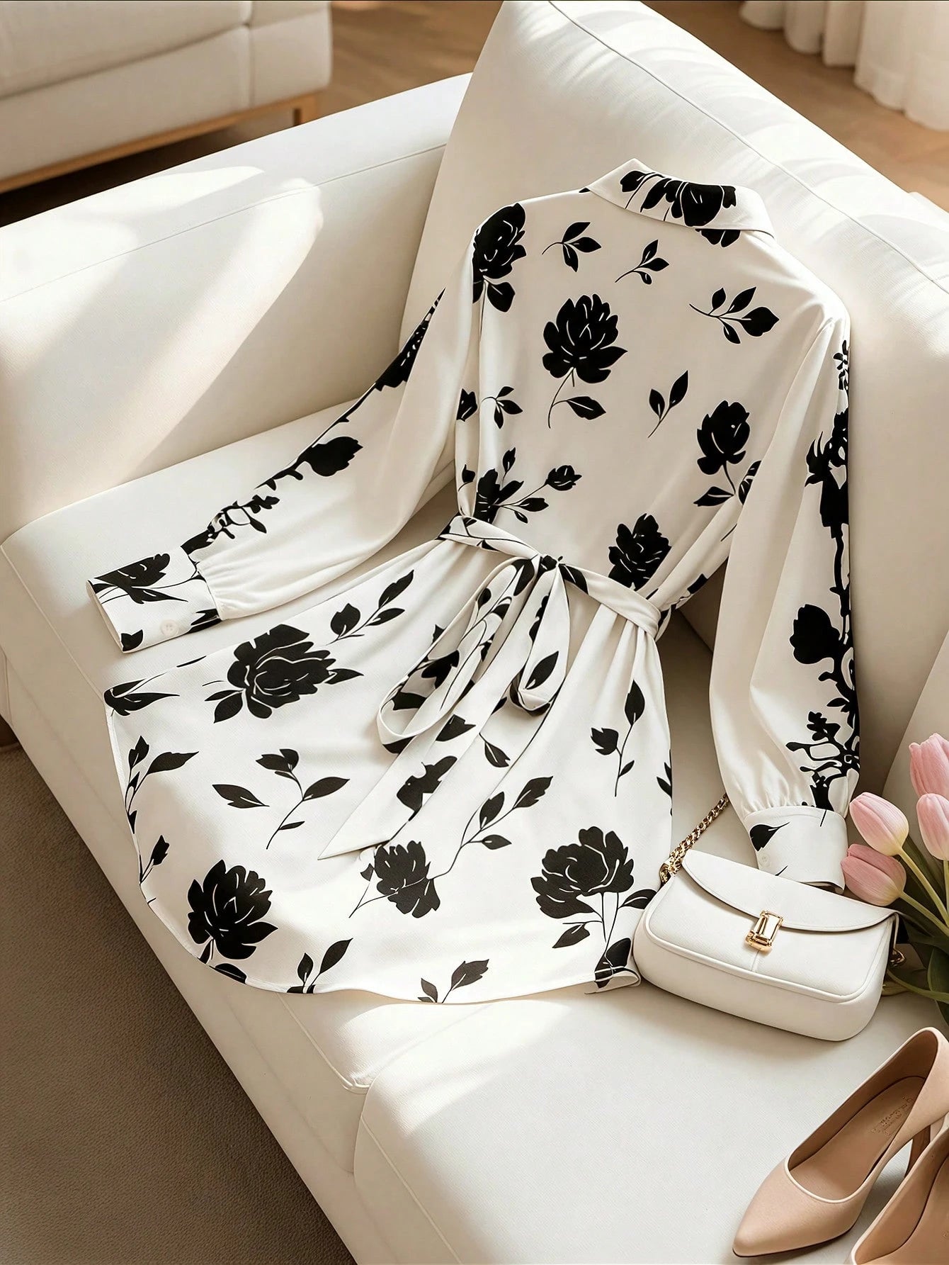 GlowEve CURVE Plus Size Women Ditsy Floral Tie Front Long Sleeve Shirt Fall