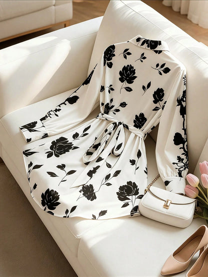 GlowEve CURVE Plus Size Women Ditsy Floral Tie Front Long Sleeve Shirt Fall