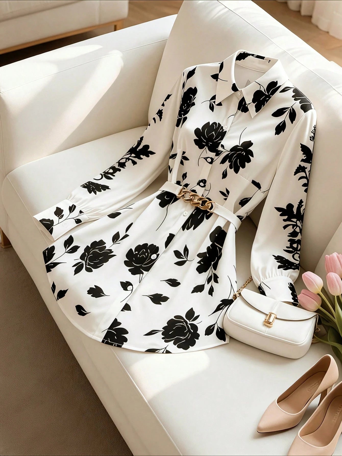 GlowEve CURVE Plus Size Women Ditsy Floral Tie Front Long Sleeve Shirt Fall