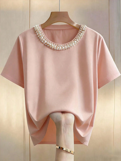 GlowEve CURVE Plus Size Women Elegant Blush Pink Summer T-Shirt,Formal Wedding Ninang Faux Pearl Decor Round Neck Short Sleeve Classy Jewelry Embellished Blouse Top