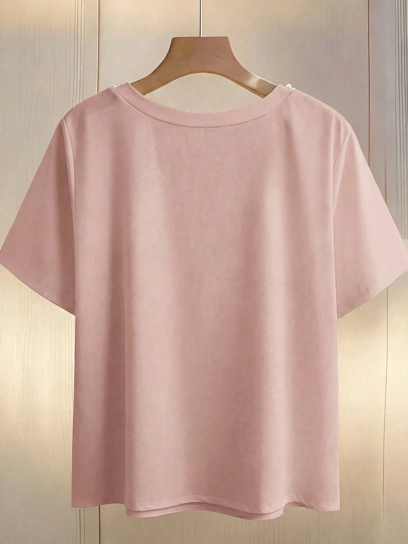 GlowEve CURVE Plus Size Women Elegant Blush Pink Summer T-Shirt,Formal Wedding Ninang Faux Pearl Decor Round Neck Short Sleeve Classy Jewelry Embellished Blouse Top