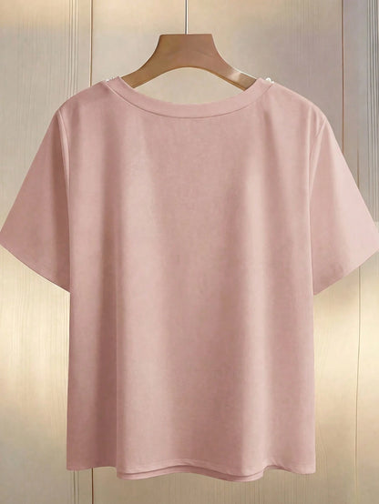 GlowEve CURVE Plus Size Women Elegant Blush Pink Summer T-Shirt,Formal Wedding Ninang Faux Pearl Decor Round Neck Short Sleeve Classy Jewelry Embellished Blouse Top