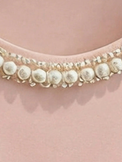 GlowEve CURVE Plus Size Women Elegant Blush Pink Summer T-Shirt,Formal Wedding Ninang Faux Pearl Decor Round Neck Short Sleeve Classy Jewelry Embellished Blouse Top