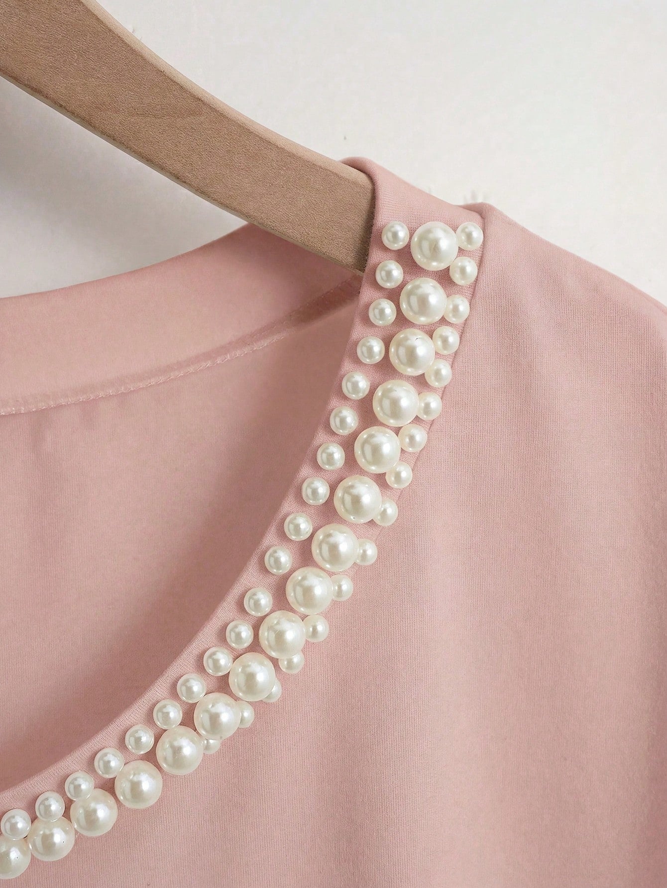 GlowEve CURVE Plus Size Women Elegant Blush Pink Summer T-Shirt,Formal Wedding Ninang Faux Pearl Decor Round Neck Short Sleeve Classy Jewelry Embellished Blouse Top