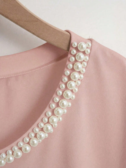 GlowEve CURVE Plus Size Women Elegant Blush Pink Summer T-Shirt,Formal Wedding Ninang Faux Pearl Decor Round Neck Short Sleeve Classy Jewelry Embellished Blouse Top