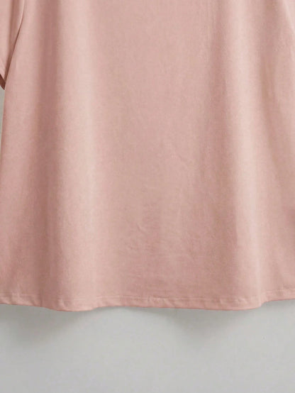 GlowEve CURVE Plus Size Women Elegant Blush Pink Summer T-Shirt,Formal Wedding Ninang Faux Pearl Decor Round Neck Short Sleeve Classy Jewelry Embellished Blouse Top