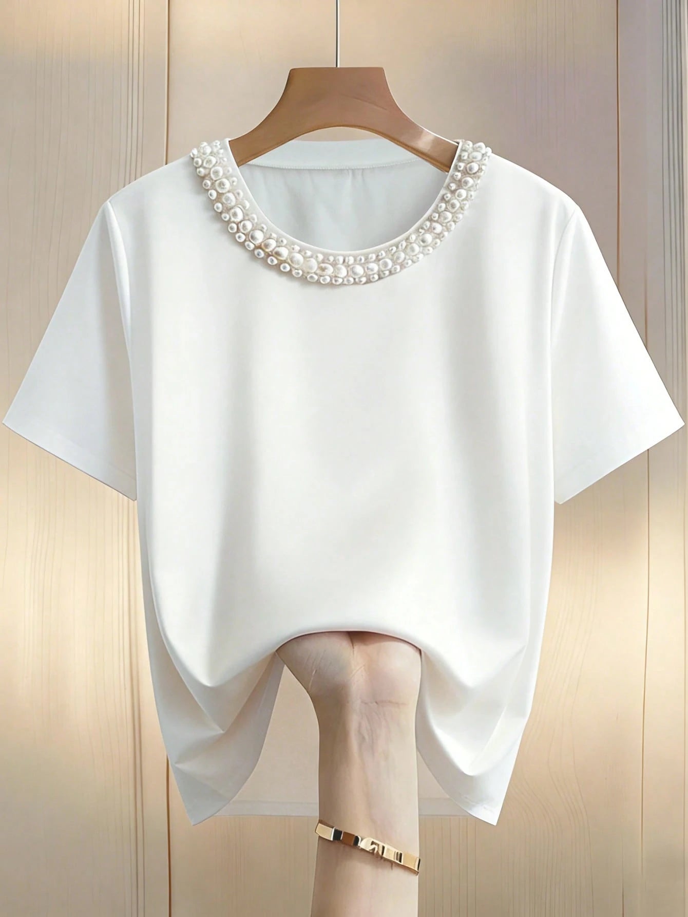 GlowEve CURVE Plus Size Women Elegant Blush Pink Summer T-Shirt,Formal Wedding Ninang Faux Pearl Decor Round Neck Short Sleeve Classy Jewelry Embellished Blouse Top