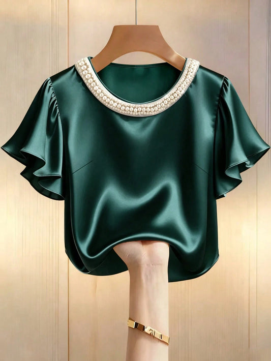 GlowEve CURVE Plus Size Women Elegant Satin Beaded Collar Cap Sleeve Blouse