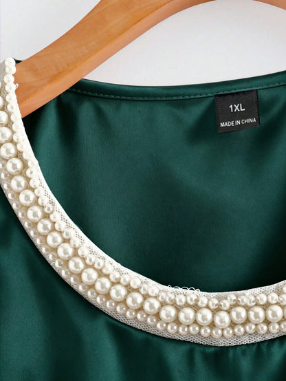 GlowEve CURVE Plus Size Women Elegant Satin Beaded Collar Cap Sleeve Blouse