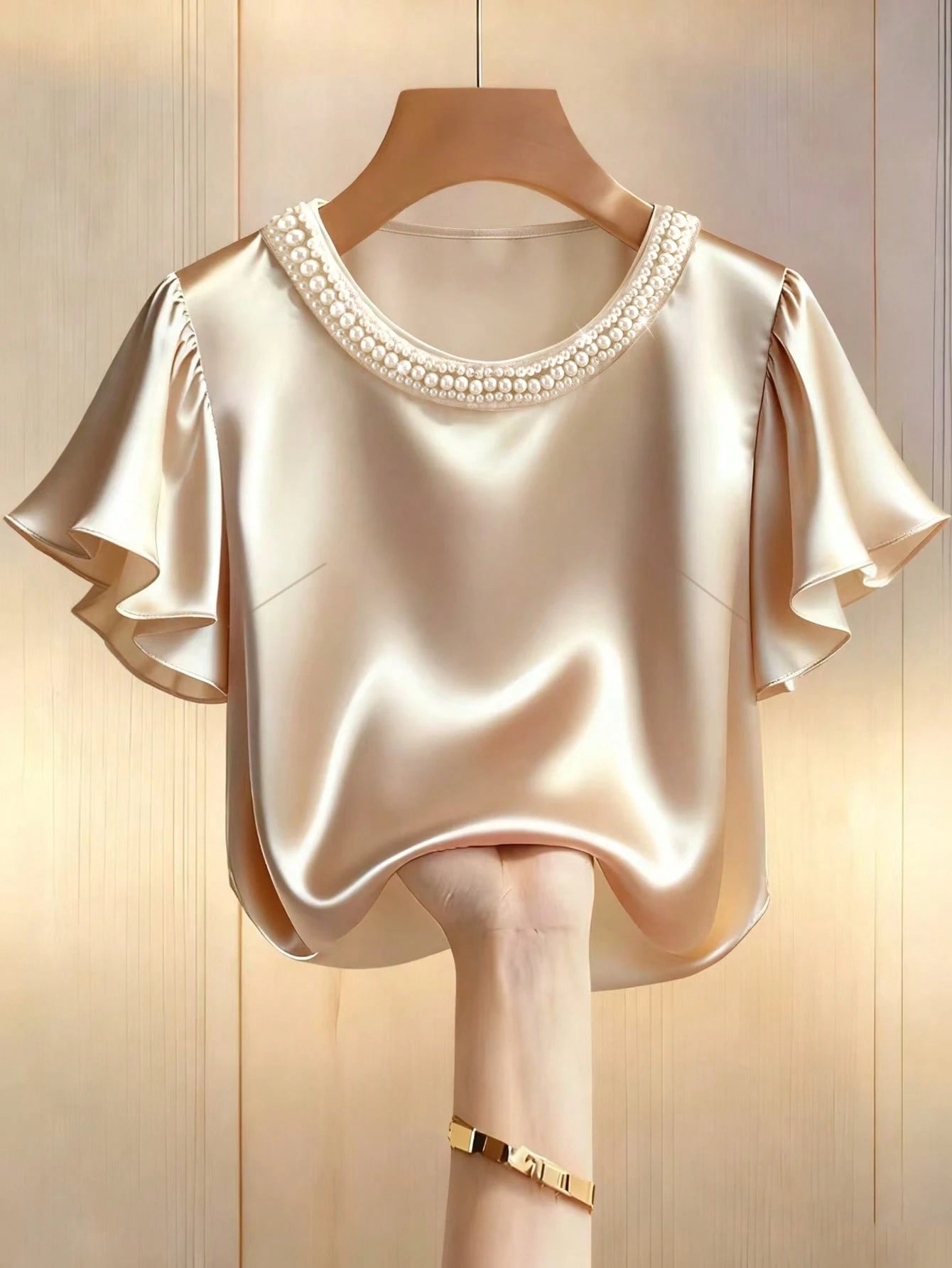 GlowEve CURVE Plus Size Women Elegant Satin Beaded Collar Cap Sleeve Blouse