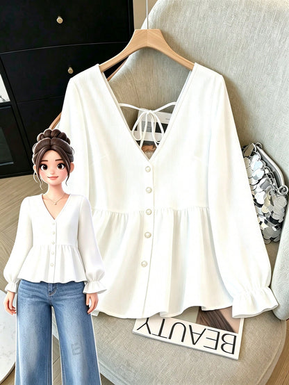 GlowEve CURVE Plus Size Women's Faux Linen Comfortable Shirt, Casual Open Front Design, Vacation Style, Suitable For Spring, Summer, Autumn Versatile Outfits