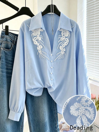 GlowEve CURVE Plus Size Women's French Vintage Style Blue Long Sleeve Blouse, Sequin Lace Trim + Single-Breasted Mushroom Button Loose Fit Design, Suitable For Daily Commute, Casual Wear, Office Wear