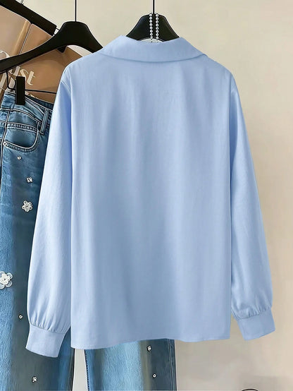 GlowEve CURVE Plus Size Women's French Vintage Style Blue Long Sleeve Blouse, Sequin Lace Trim + Single-Breasted Mushroom Button Loose Fit Design, Suitable For Daily Commute, Casual Wear, Office Wear