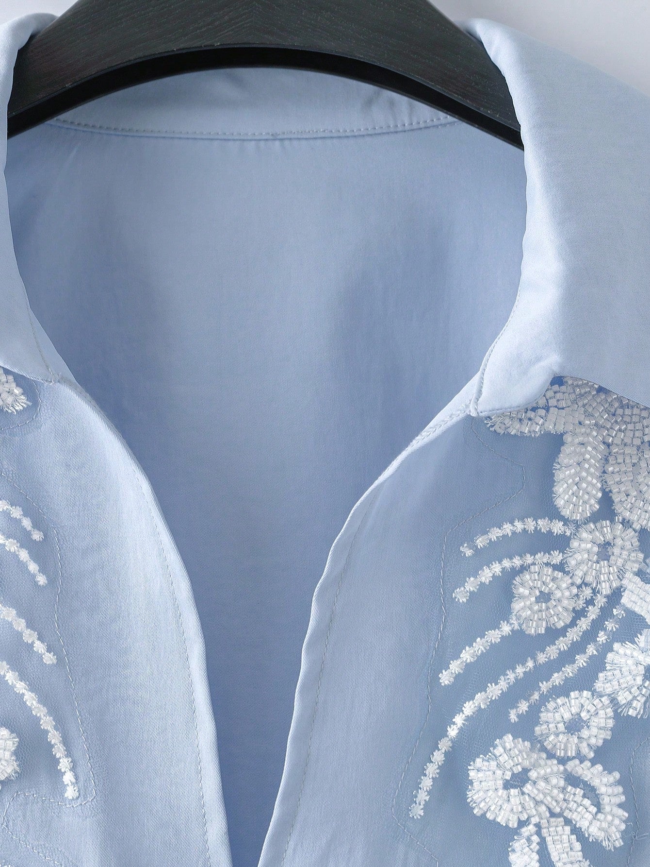 GlowEve CURVE Plus Size Women's French Vintage Style Blue Long Sleeve Blouse, Sequin Lace Trim + Single-Breasted Mushroom Button Loose Fit Design, Suitable For Daily Commute, Casual Wear, Office Wear