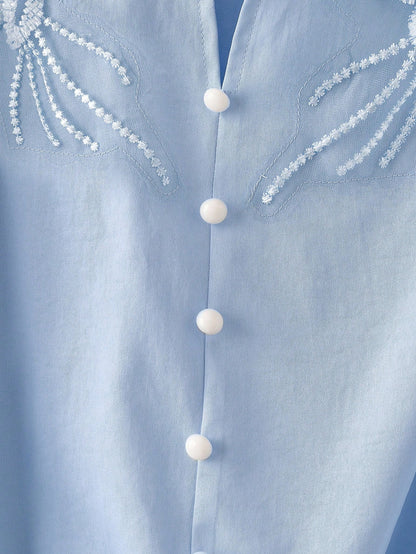 GlowEve CURVE Plus Size Women's French Vintage Style Blue Long Sleeve Blouse, Sequin Lace Trim + Single-Breasted Mushroom Button Loose Fit Design, Suitable For Daily Commute, Casual Wear, Office Wear