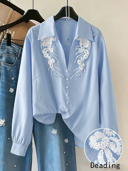 GlowEve CURVE Plus Size Women's French Vintage Style Blue Long Sleeve Blouse, Sequin Lace Trim + Single-Breasted Mushroom Button Loose Fit Design, Suitable For Daily Commute, Casual Wear, Office Wear