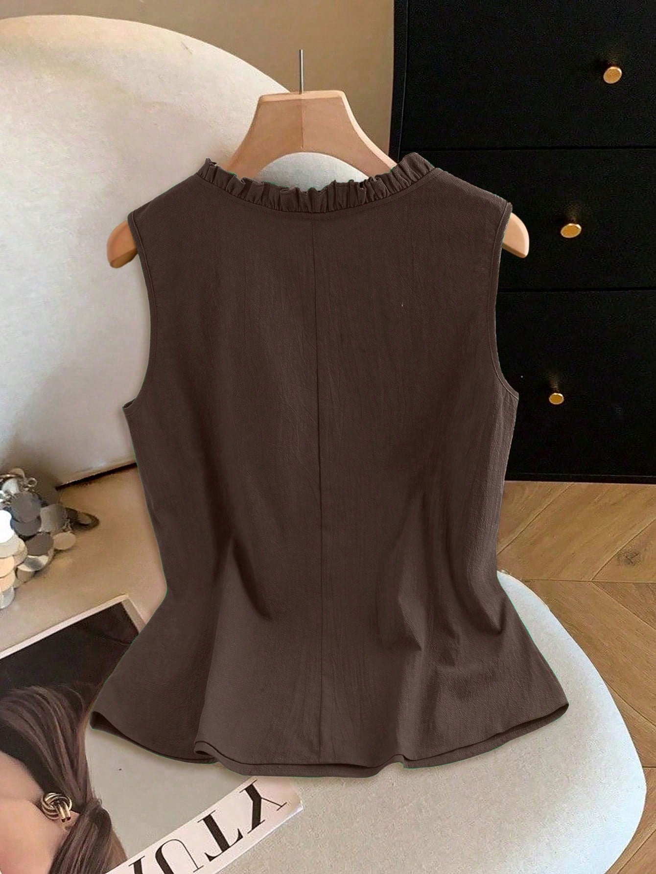 GlowEve CURVE Plus Size Women's Solid Lake Green Round Neck Ruffle Sleeveless Casual Retro Minimalist Elegant Daily Versatile Blouse, Summer New