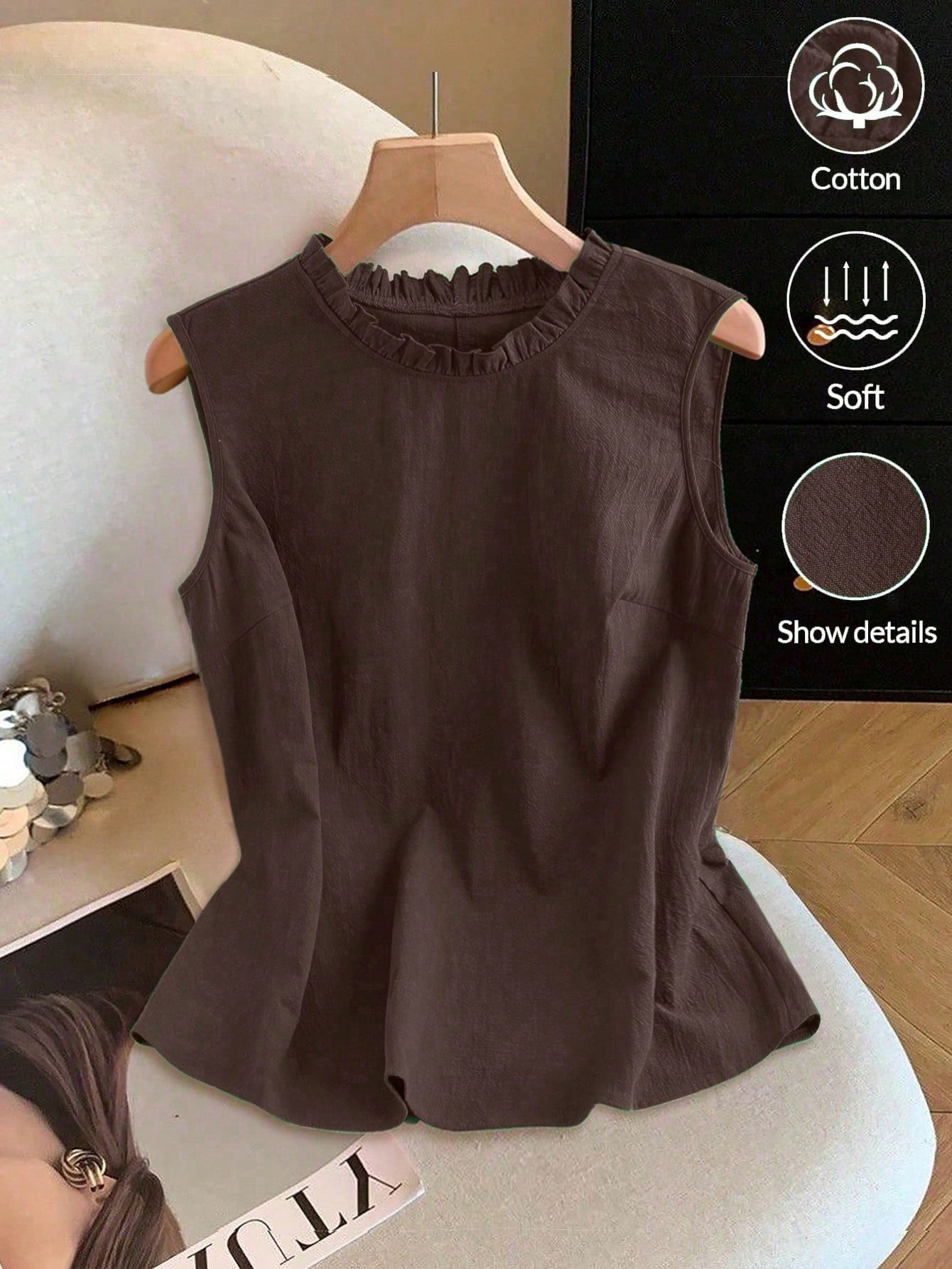 GlowEve CURVE Plus Size Women's Solid Lake Green Round Neck Ruffle Sleeveless Casual Retro Minimalist Elegant Daily Versatile Blouse, Summer New