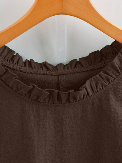 GlowEve CURVE Plus Size Women's Solid Lake Green Round Neck Ruffle Sleeveless Casual Retro Minimalist Elegant Daily Versatile Blouse, Summer New