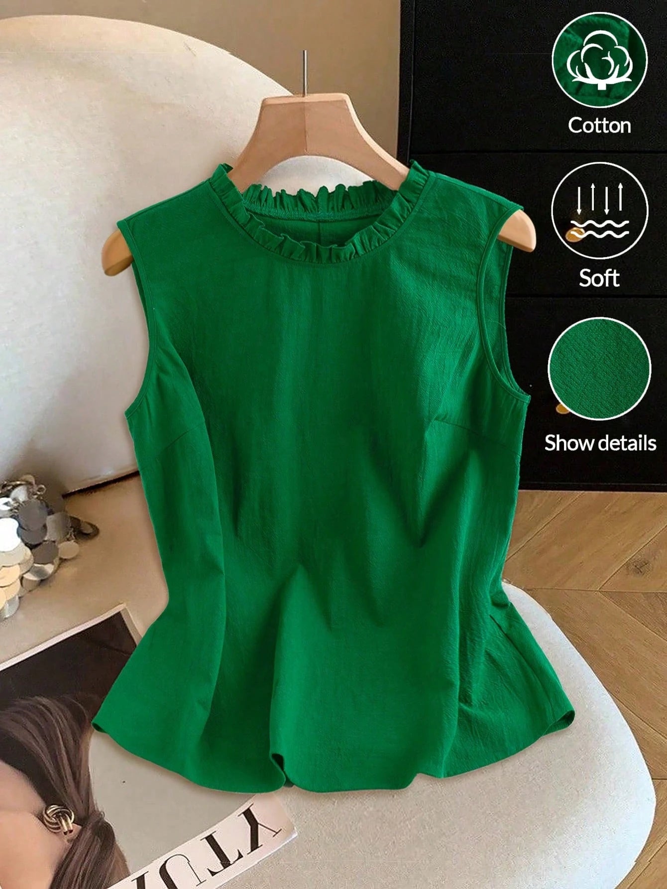 GlowEve CURVE Plus Size Women's Solid Lake Green Round Neck Ruffle Sleeveless Casual Retro Minimalist Elegant Daily Versatile Blouse, Summer New