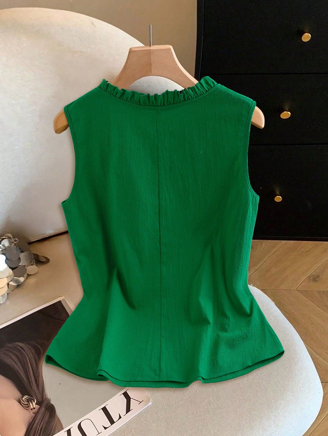 GlowEve CURVE Plus Size Women's Solid Lake Green Round Neck Ruffle Sleeveless Casual Retro Minimalist Elegant Daily Versatile Blouse, Summer New