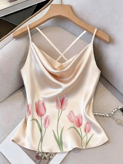 GlowEve CURVE Plus Size Women's Spring/Summer Daily Versatile Color Draping Neckline Floral Print Camisole Top