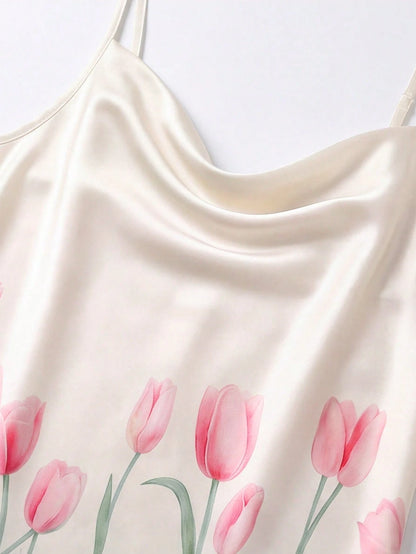 GlowEve CURVE Plus Size Women's Spring/Summer Daily Versatile Color Draping Neckline Floral Print Camisole Top
