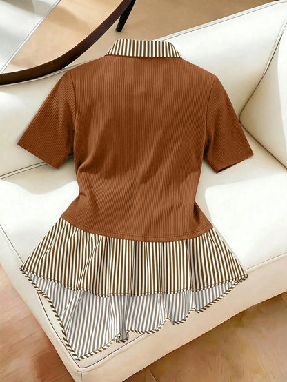 GlowEve CURVE Plus Size Women's Striped Patchwork Asymmetrical Hem Short Sleeve Top