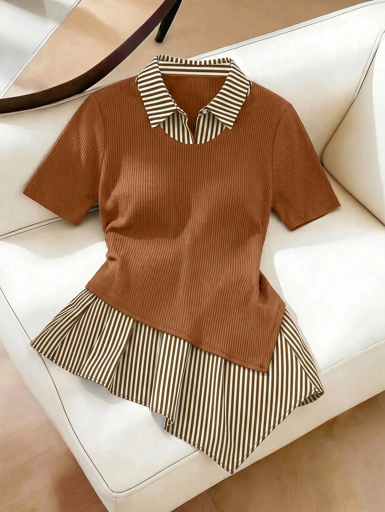 GlowEve CURVE Plus Size Women's Striped Patchwork Asymmetrical Hem Short Sleeve Top