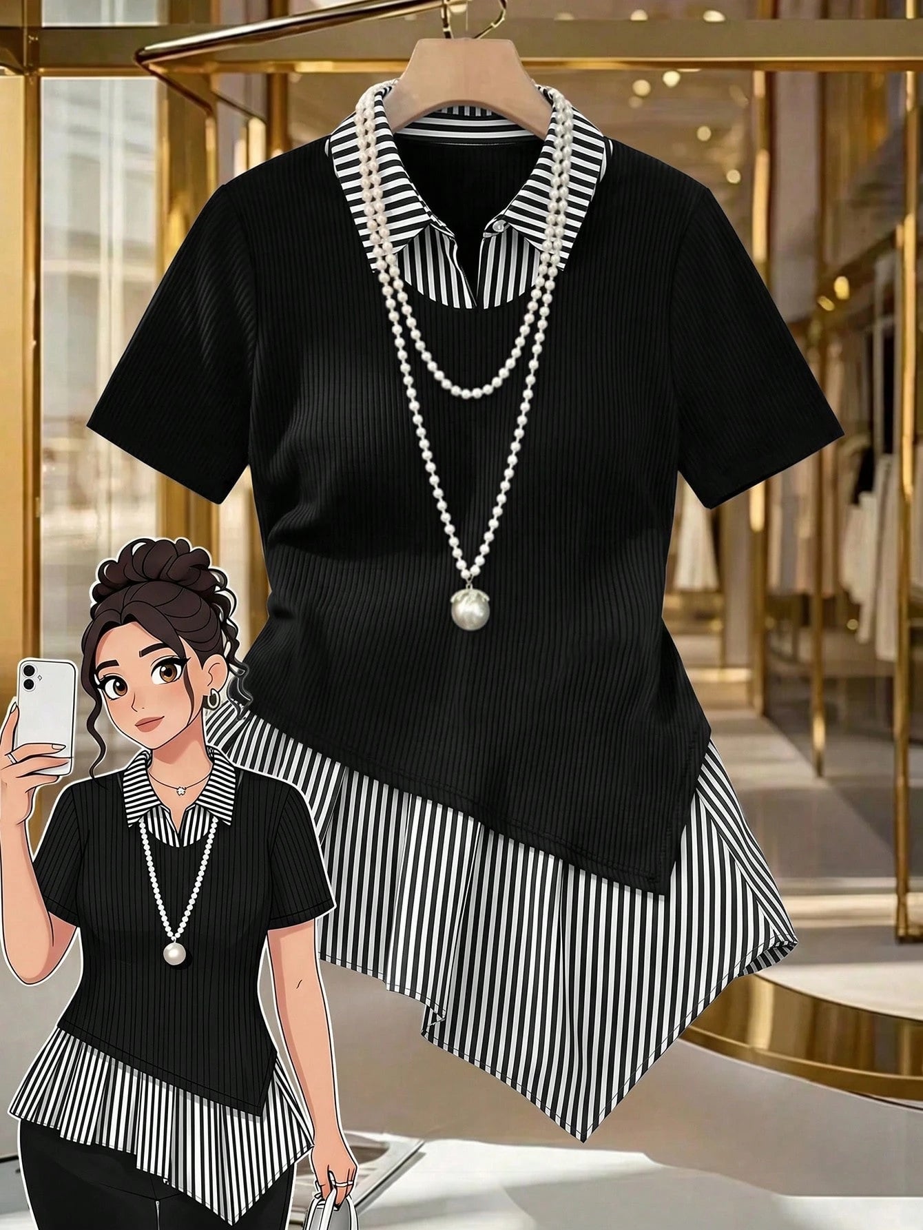 GlowEve CURVE Plus Size Women's Striped Patchwork Asymmetrical Hem Short Sleeve Top