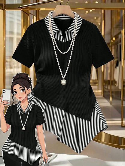 GlowEve CURVE Plus Size Women's Striped Patchwork Asymmetrical Hem Short Sleeve Top