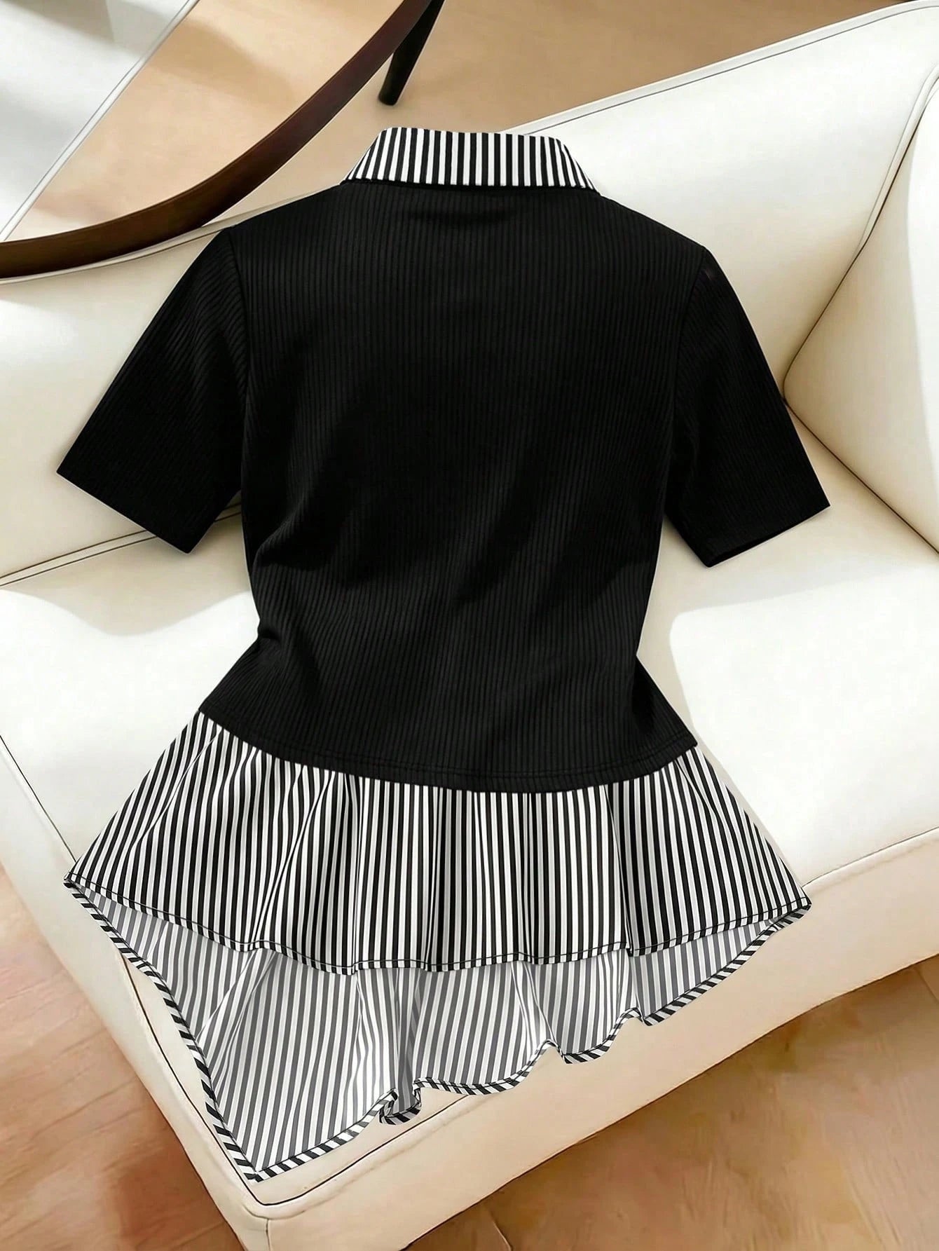 GlowEve CURVE Plus Size Women's Striped Patchwork Asymmetrical Hem Short Sleeve Top