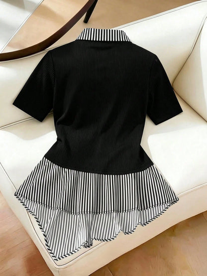 GlowEve CURVE Plus Size Women's Striped Patchwork Asymmetrical Hem Short Sleeve Top