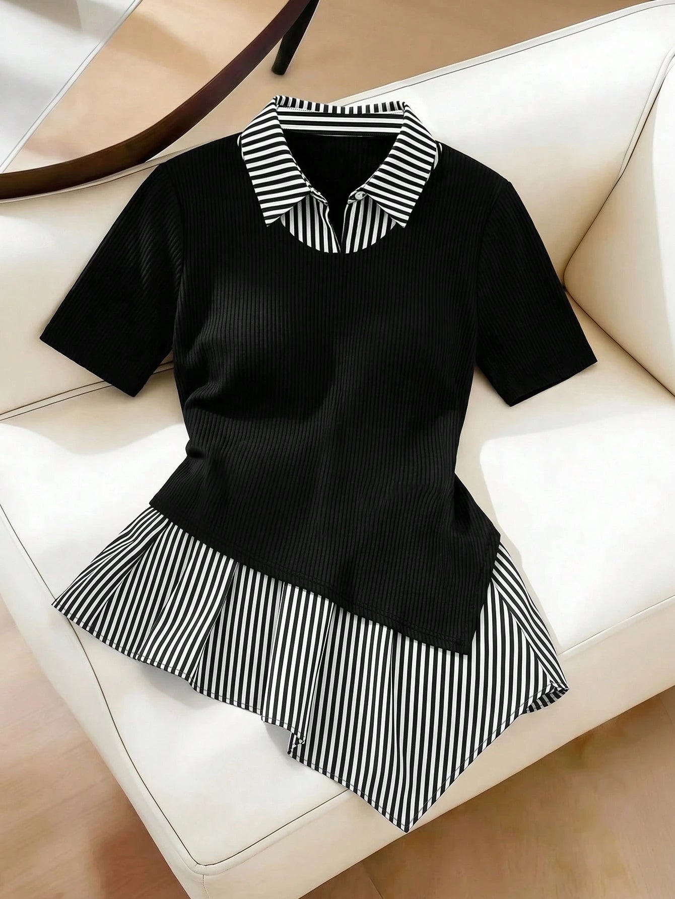 GlowEve CURVE Plus Size Women's Striped Patchwork Asymmetrical Hem Short Sleeve Top