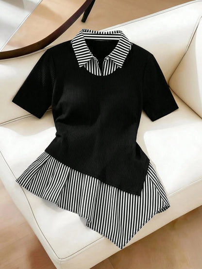 GlowEve CURVE Plus Size Women's Striped Patchwork Asymmetrical Hem Short Sleeve Top