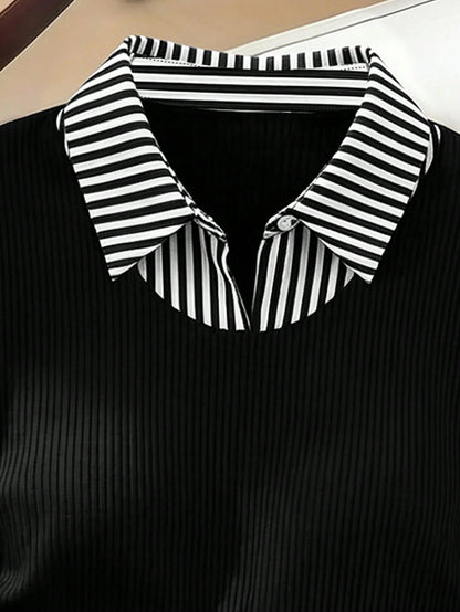 GlowEve CURVE Plus Size Women's Striped Patchwork Asymmetrical Hem Short Sleeve Top