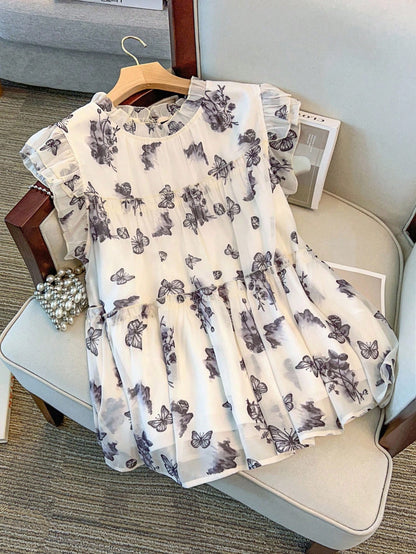 GlowEve CURVE Plus Size Women's White Summer Cute Tea Party Chinese-Style Butterfly,Mountain & Floral Print Double Layer Cap Sleeve Loose Chiffon Blouse