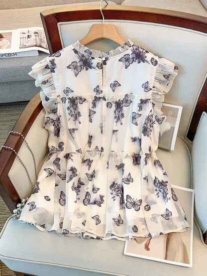 GlowEve CURVE Plus Size Women's White Summer Cute Tea Party Chinese-Style Butterfly,Mountain & Floral Print Double Layer Cap Sleeve Loose Chiffon Blouse