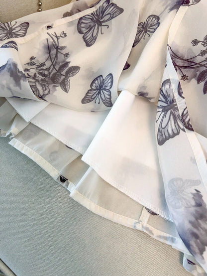 GlowEve CURVE Plus Size Women's White Summer Cute Tea Party Chinese-Style Butterfly,Mountain & Floral Print Double Layer Cap Sleeve Loose Chiffon Blouse
