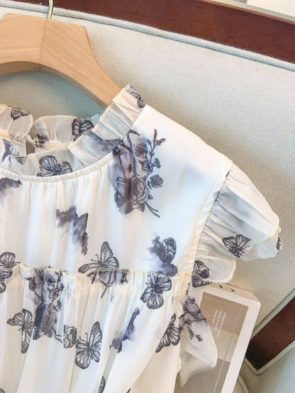 GlowEve CURVE Plus Size Women's White Summer Cute Tea Party Chinese-Style Butterfly,Mountain & Floral Print Double Layer Cap Sleeve Loose Chiffon Blouse