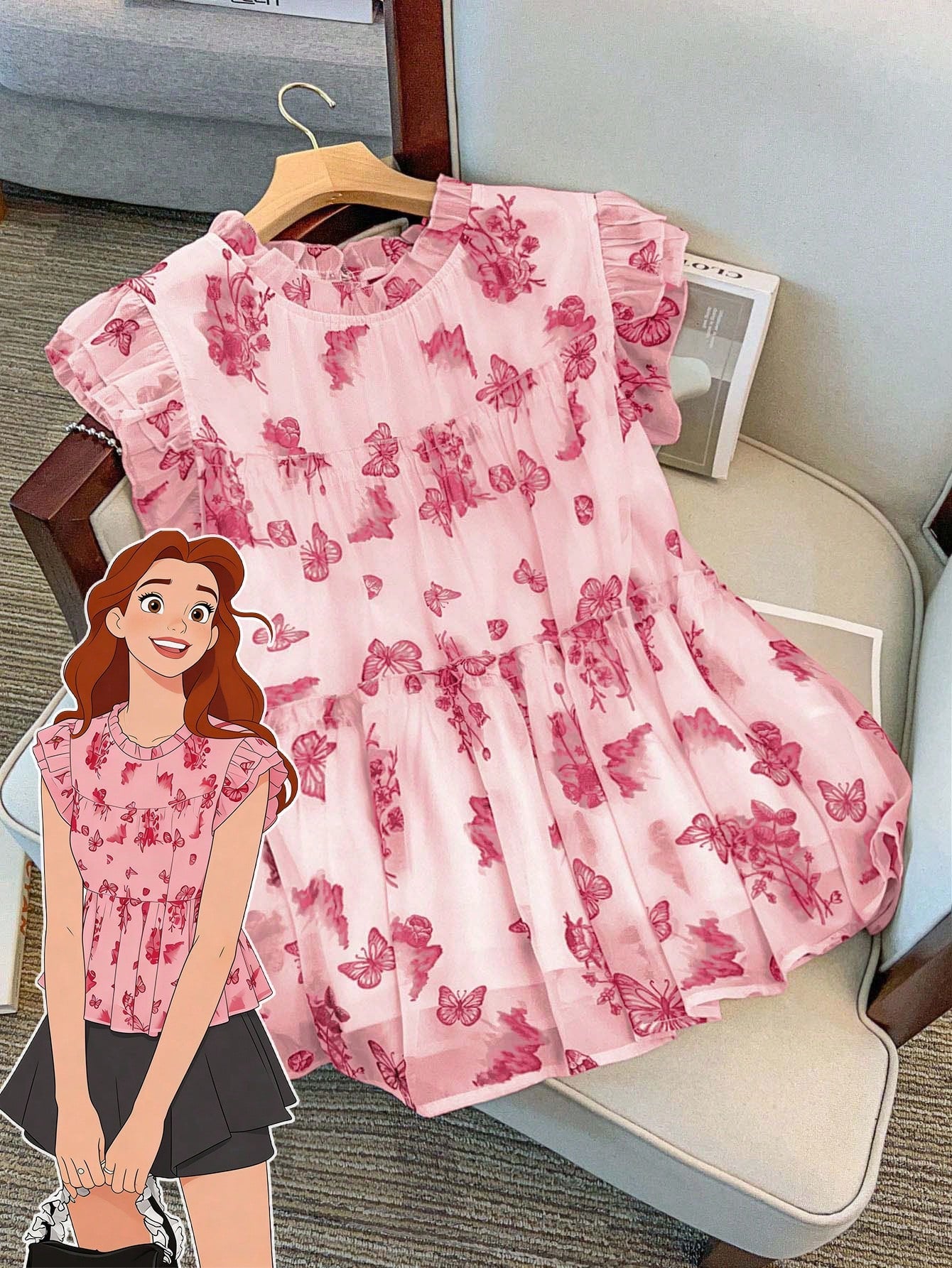 GlowEve CURVE Plus Size Women's White Summer Cute Tea Party Chinese-Style Butterfly,Mountain & Floral Print Double Layer Cap Sleeve Loose Chiffon Blouse