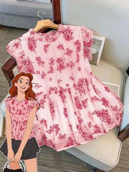 GlowEve CURVE Plus Size Women's White Summer Cute Tea Party Chinese-Style Butterfly,Mountain & Floral Print Double Layer Cap Sleeve Loose Chiffon Blouse