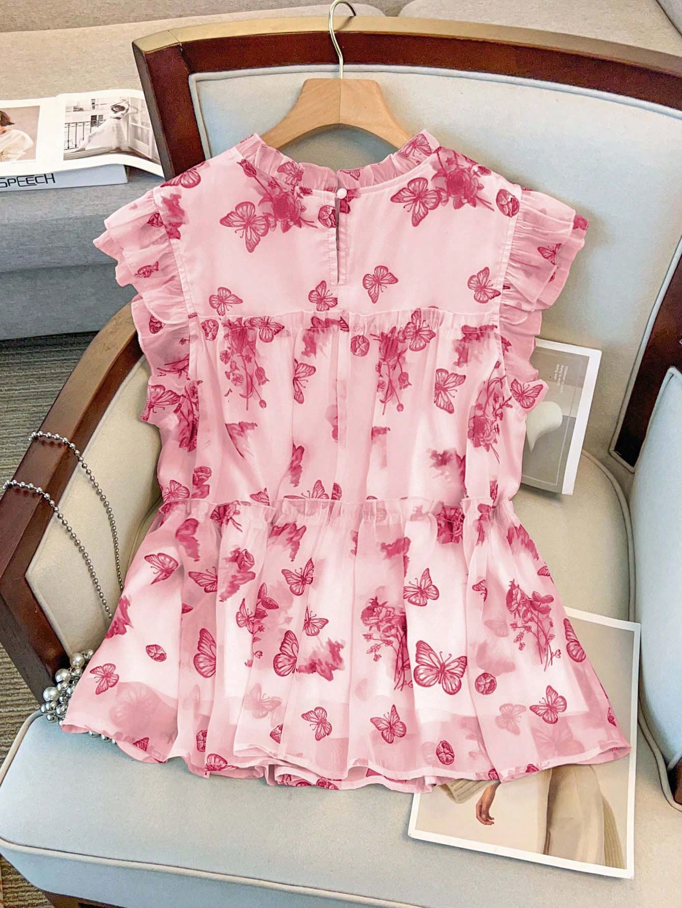 GlowEve CURVE Plus Size Women's White Summer Cute Tea Party Chinese-Style Butterfly,Mountain & Floral Print Double Layer Cap Sleeve Loose Chiffon Blouse