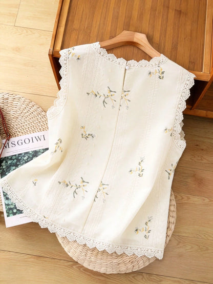 GlowEve CURVE Plus Size Women Summer Fashionable Elegant Embroidered Floral Round Neck Sleeveless Lace Patchwork Blouse
