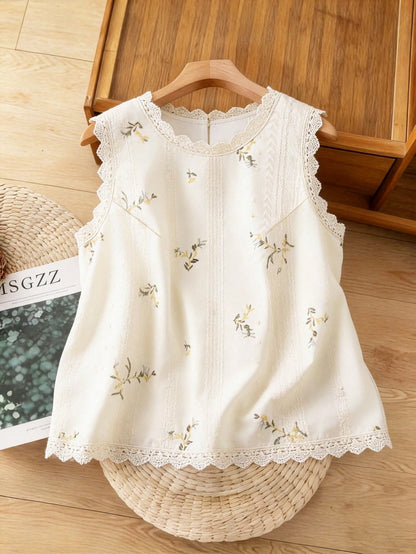 GlowEve CURVE Plus Size Women Summer Fashionable Elegant Embroidered Floral Round Neck Sleeveless Lace Patchwork Blouse