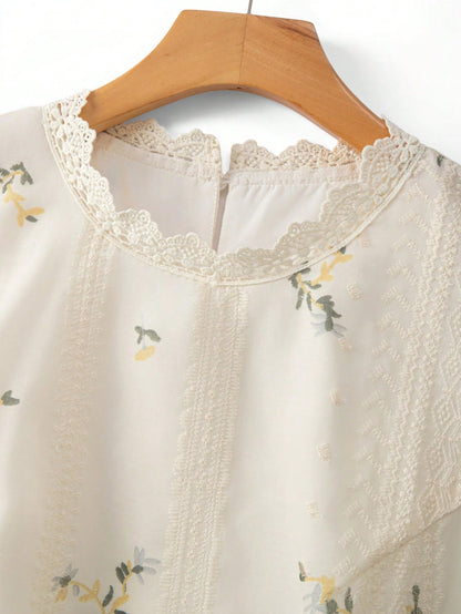GlowEve CURVE Plus Size Women Summer Fashionable Elegant Embroidered Floral Round Neck Sleeveless Lace Patchwork Blouse